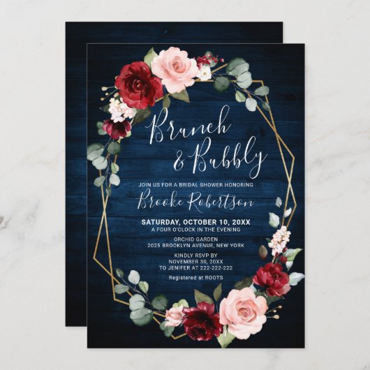 ブルゴーニュ海軍赤面フローラ幾何学ブライダルシャワー 招待状 (正面/裏面)