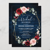 ブルゴーニュ海軍赤面フローラ幾何学ブライダルシャワー 招待状 (正面/裏面)