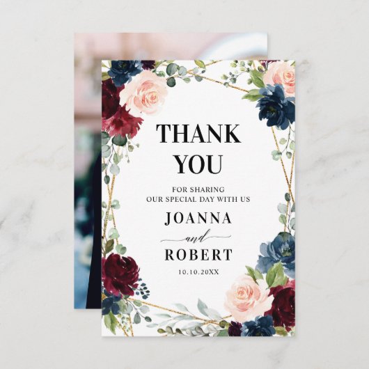 ブルゴーニュ海軍赤面フローラ幾何学的な写真 サンキューカード (正面/裏面)