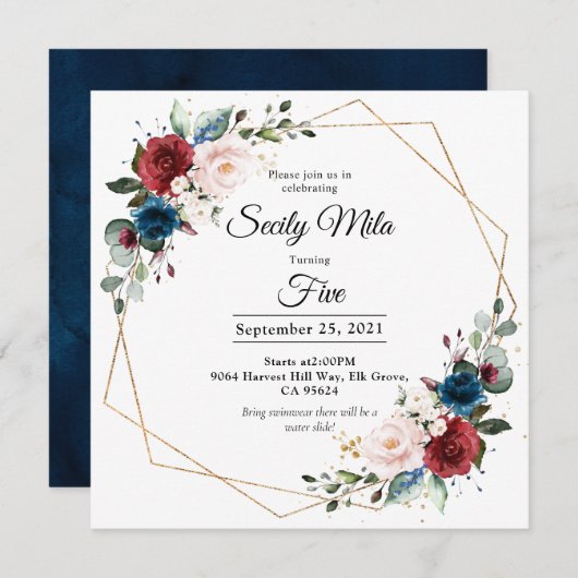 ブルゴーニュ海軍赤面フローラ金ゴールド幾何学誕生日 招待状 (正面/裏面)