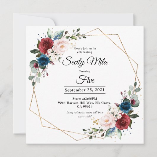 ブルゴーニュ海軍赤面フローラ金ゴールド幾何学誕生日 招待状 (正面)