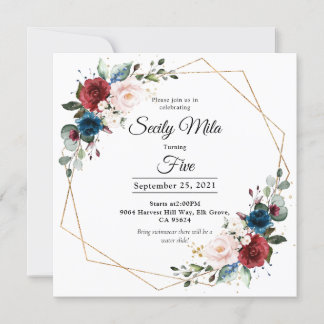 ブルゴーニュ海軍赤面フローラ金ゴールド幾何学誕生日 招待状