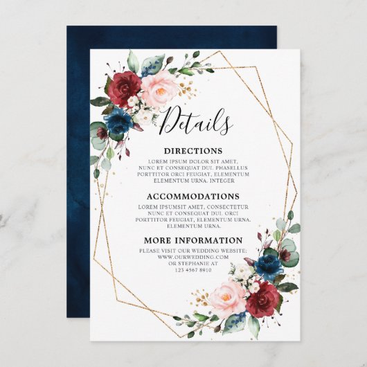 ブルゴーニュ海軍赤面フローラ金ゴールド幾何結婚の エンクロージャーカード (正面/裏面)