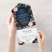 ブルゴーニュ海軍赤面フローラ金ゴールド幾何結婚の オールインワン招待状 (貼ってはがせる)