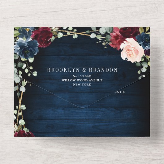 ブルゴーニュ海軍赤面フローラ金ゴールド幾何結婚の オールインワン招待状 (裏面)