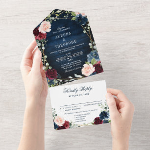 ブルゴーニュ海軍赤面フローラ金ゴールド幾何結婚の オールインワン招待状