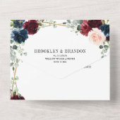 ブルゴーニュ海軍赤面フローラ金ゴールド幾何結婚の オールインワン招待状 (裏面)