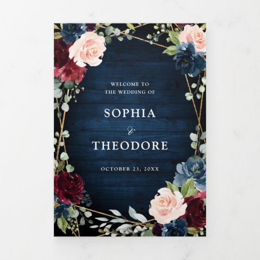 ブルゴーニュ海軍赤面フローラ金ゴールド幾何結婚の 三つ折り案内状 (カバー)