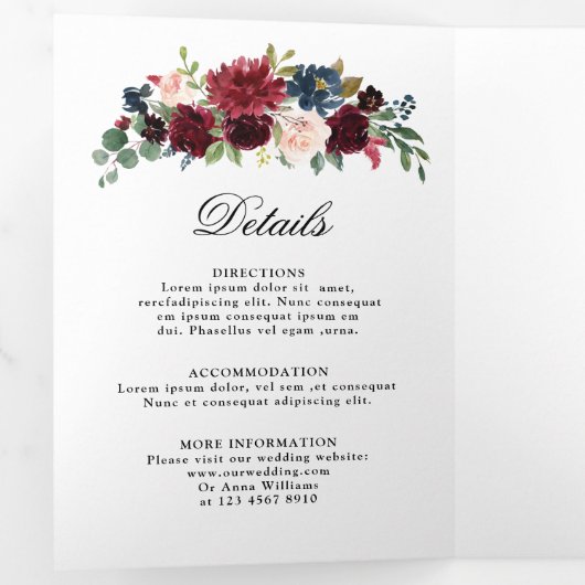 ブルゴーニュ海軍赤面フローラ金ゴールド幾何結婚の 三つ折り案内状 (内部最初)