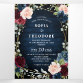 ブルゴーニュ海軍赤面フローラ金ゴールド幾何結婚の 三つ折り案内状 (内部中)