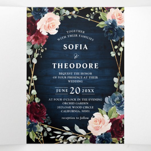 ブルゴーニュ海軍赤面フローラ金ゴールド幾何結婚の 三つ折り案内状 (内部中)