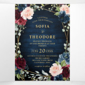 ブルゴーニュ海軍赤面フローラ金ゴールド幾何結婚の 三つ折り案内状 (内部中)