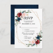 ブルゴーニュ海軍赤面フローラ金ゴールド幾何結婚の 出欠カード (正面/裏面)