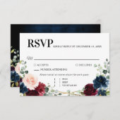 ブルゴーニュ海軍赤面フローラ金ゴールド幾何結婚の 出欠カード (正面/裏面)