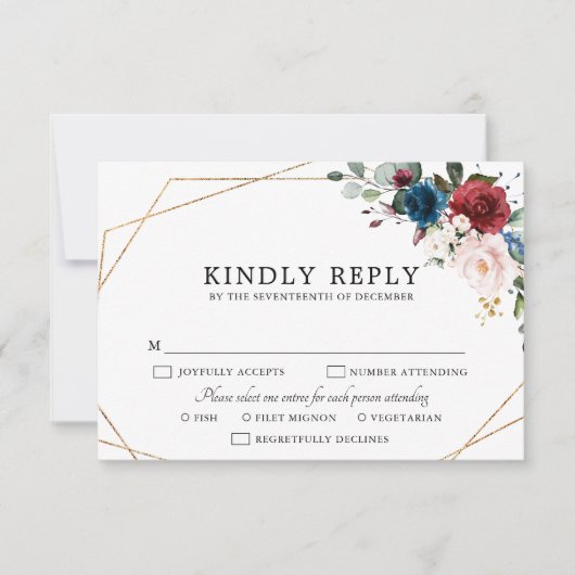 ブルゴーニュ海軍赤面フローラ金ゴールド幾何結婚の 出欠カード (正面)