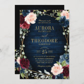 ブルゴーニュ海軍赤面フローラ金ゴールド幾何結婚の 招待状 (正面/裏面)