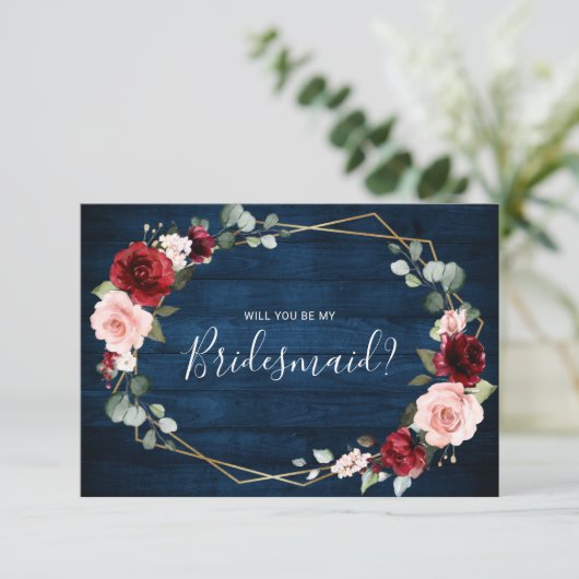 ブルゴーニュ海軍赤面幾何学的な花嫁付き添い提案 招待状 (スタンド正面)