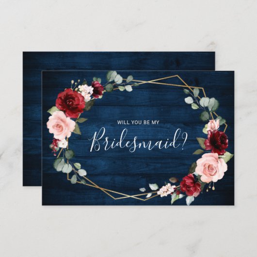 ブルゴーニュ海軍赤面幾何学的な花嫁付き添い提案 招待状 (正面/裏面)