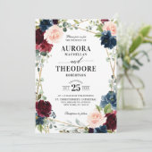 ブルゴーニュ海軍赤面金ゴールド幾何学的詳細結婚ズ 招待状 (スタンド正面)