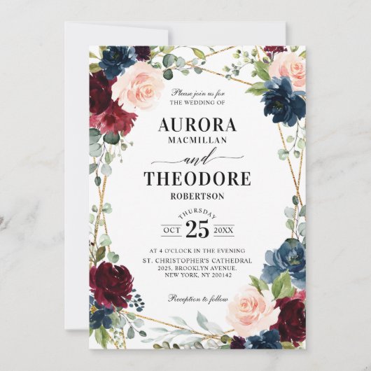 ブルゴーニュ海軍赤面金ゴールド幾何学的QRコード結婚ズ 招待状 (正面)