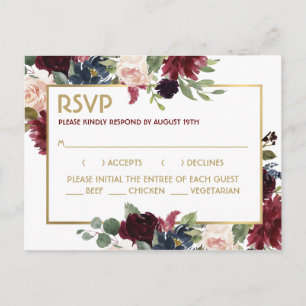 ブルゴーニュ海軍金ゴールド結婚ブーケ対応RSVP ポストカード