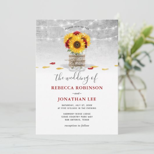 ブルゴーニュ灰色ローズヒマワリ素朴結婚ズ 招待状 (スタンド正面)
