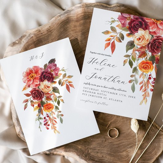 ブルゴーニュ焼けオレンジフローラエレガントな結婚式 招待状