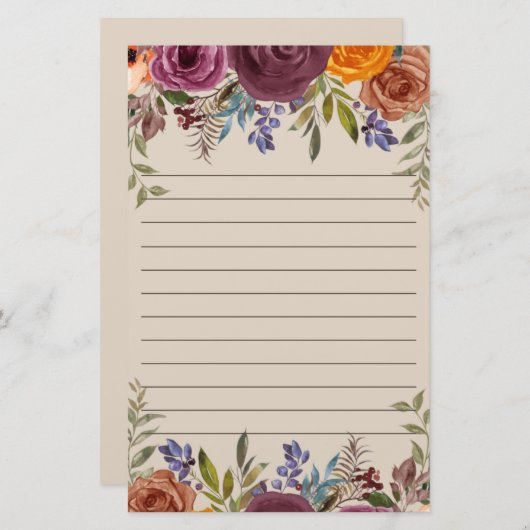 ブルゴーニュ燃えたオレンジ色の紫のフローラ並び 便箋 (正面/裏面)