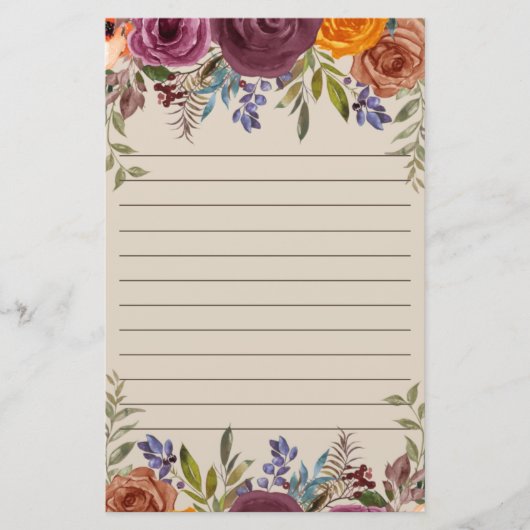 ブルゴーニュ燃えたオレンジ色の紫のフローラ並び 便箋 (正面)