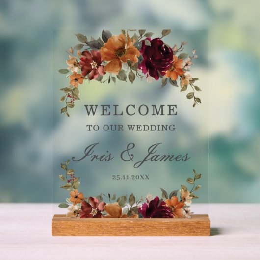 ブルゴーニュ燃えたオレンジ色の錆結婚フローラの歓迎 アクリルサイン (ニュートラル)