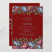 ブルゴーニュ牡丹とブルーバラカップルのシャワー 招待状 (正面/裏面)