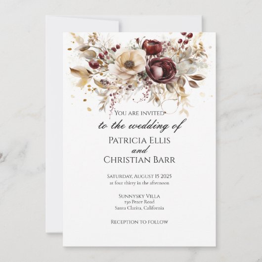 ブルゴーニュ牡丹のエレガントな結婚式の招待状 招待状 (正面)