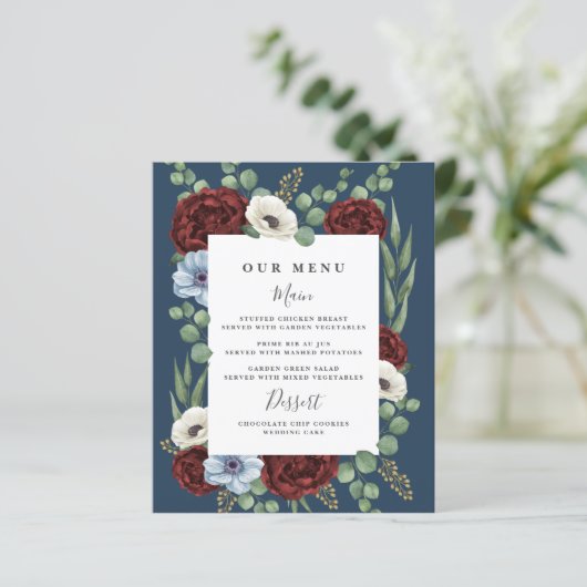 ブルゴーニュ牡丹ダスティブルーネイビー結婚ズのメニューカード (スタンド正面)