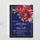 ブルゴーニュ牡丹王室のブルーフローラブライダルシャワー 招待状 (正面)