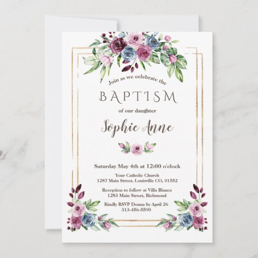 ブルゴーニュ王室のダスティブルーフラワーズガールバプテスマ 招待状 (正面)