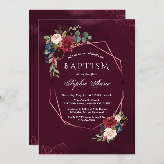 ブルゴーニュ王室のフローラ幾何学少女バプテスマ 招待状 (正面/裏面)