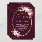 ブルゴーニュ王室のーピンクフローラ金ゴールドフレームガールバプテスマ 招待状 (正面/裏面)