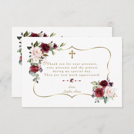 ブルゴーニュ王室のー花金ゴールドフレームガールバプテスマ サンキューカード (正面/裏面)