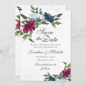 ブルゴーニュ白エレガント青結婚フローラ セーブザデート (正面/裏面)