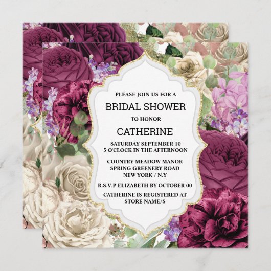 ブルゴーニュ白バラ花エレガントヴィンテージ枠 招待状 (正面/裏面)