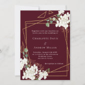 ブルゴーニュ白花模様金ゴールド幾何結婚の 招待状 (正面)