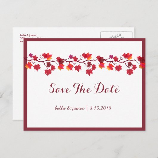 ブルゴーニュ秋のリーフウェディング日付カードを保存 案内ポストカード (正面/裏面)