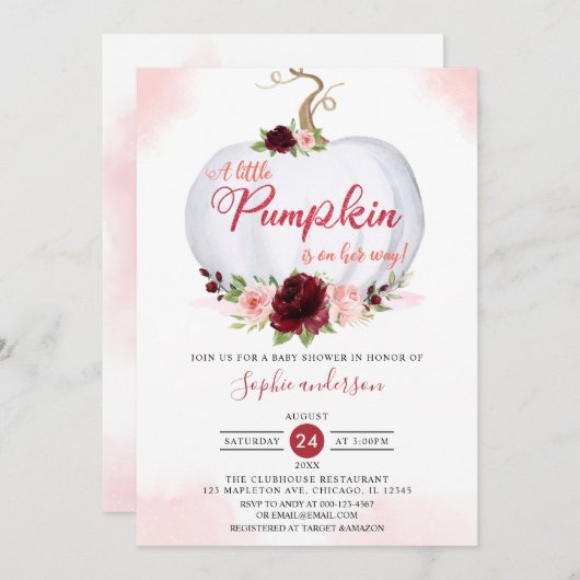 ブルゴーニュ秋の小さなかぼちゃの秋赤ちゃんシャワー 招待状 (正面/裏面)