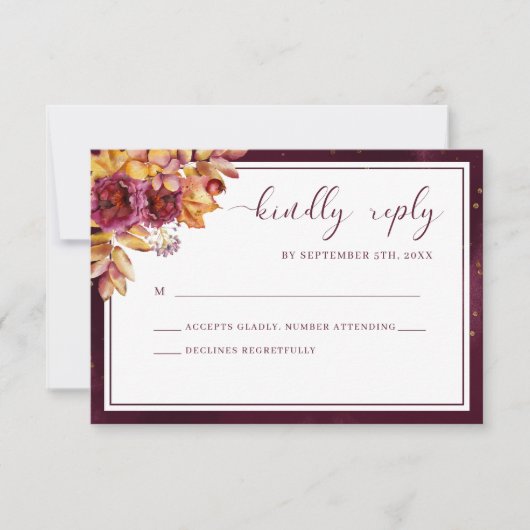 ブルゴーニュ秋エレガント結婚はっきりしたフローラ 出欠カード (正面)