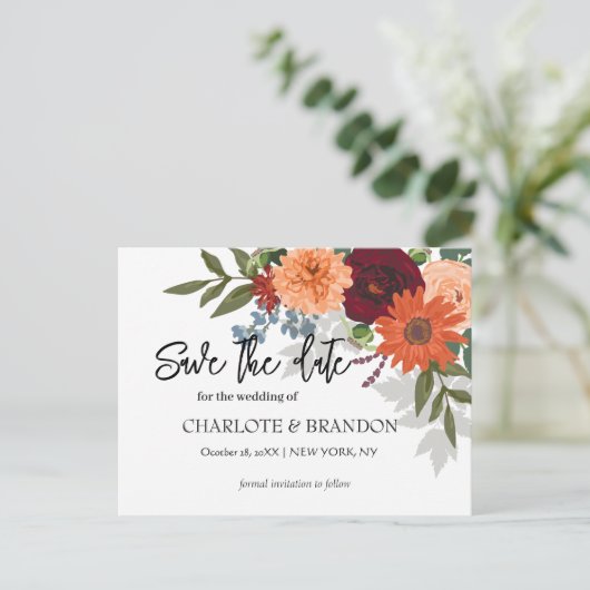 ブルゴーニュ秋ガーデンフローラ結婚式の日付を保存 案内ポストカード (スタンド正面)