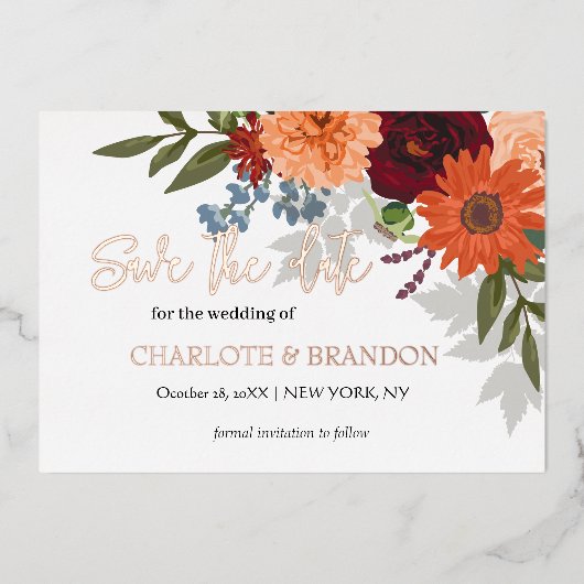 ブルゴーニュ秋ガーデンフローラ結婚式の日付を保存 箔招待状 (正面)