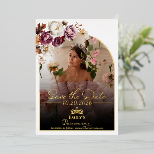 ブルゴーニュ秋キンセアニェラ写真保存日実在 箔招待状 (立ち正面)