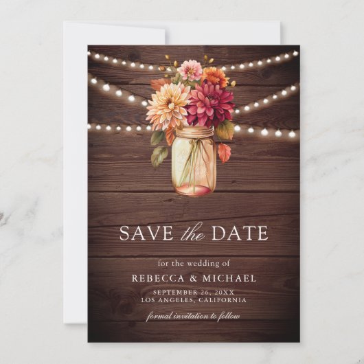 ブルゴーニュ秋ダリアメイソンジャールフォトウッド結婚ズ セーブザデート (正面)