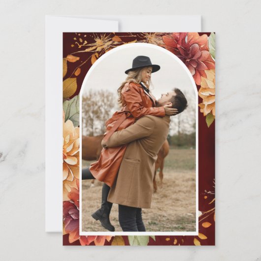 ブルゴーニュ秋ダリア・メイソン・ジャー結婚ズ写真 セーブザデート (裏面)