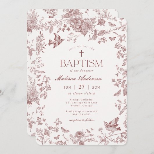 ブルゴーニュ秋トイレデジュイヴィンテージフローラバプテスマ 招待状 (正面/裏面)